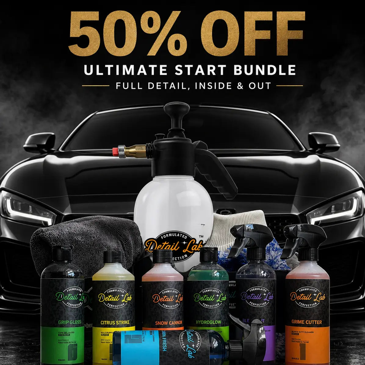 Car detailing products with '50% Off Ultimate Start Bundle' text in front of a black car.