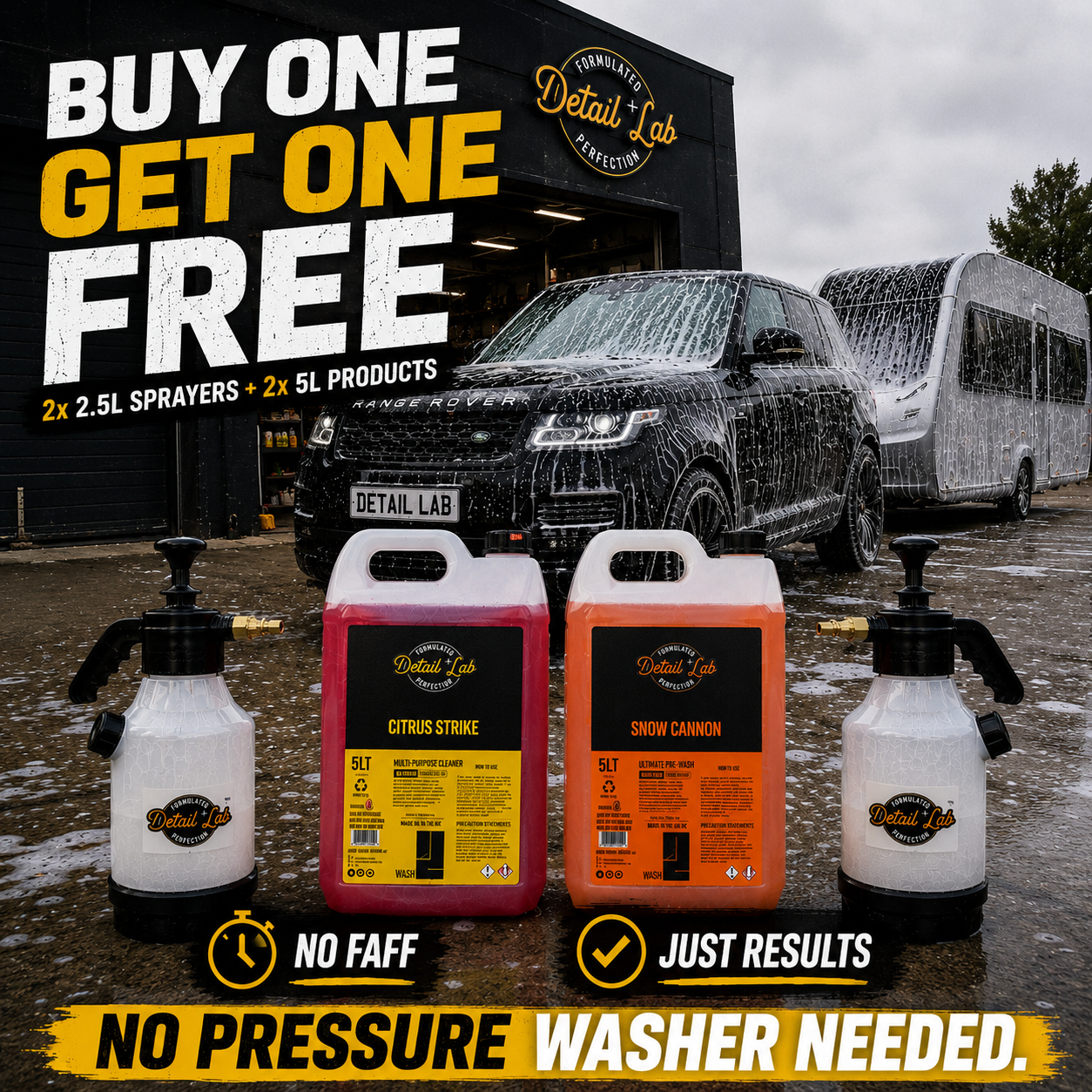 CARAVAN BUNDLE 5L Citrus Pre-Wash + 5L Snow Foam + 2x 2.5L FREE Velocity Pump Sprayers Detail Lab