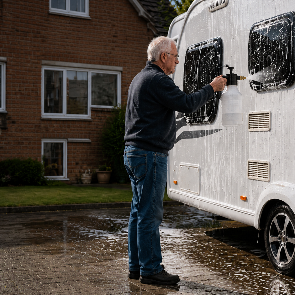 Man washing a white van on a wet driveway with a house in the background