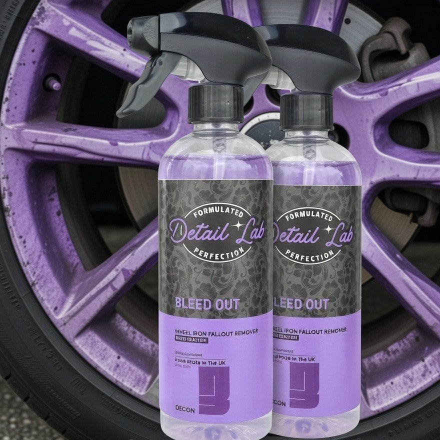 Two bottles of Detail Lab 'Bleed Out' product with a purple wheel in the background, featuring a 'Buy One Get One Free' offer.