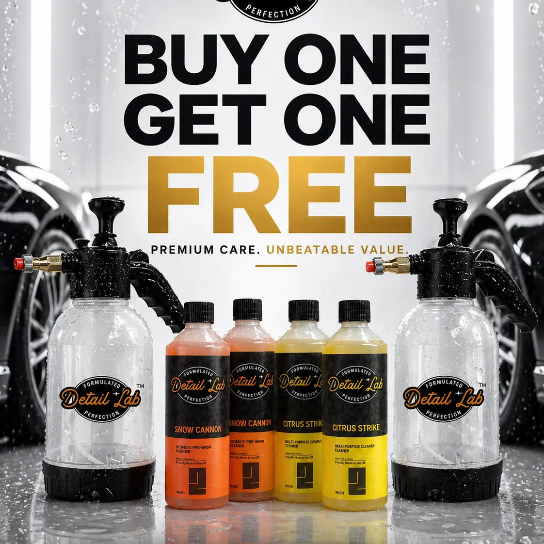 Promotional image of Detail Lab car care products with a buy one get one free offer.
